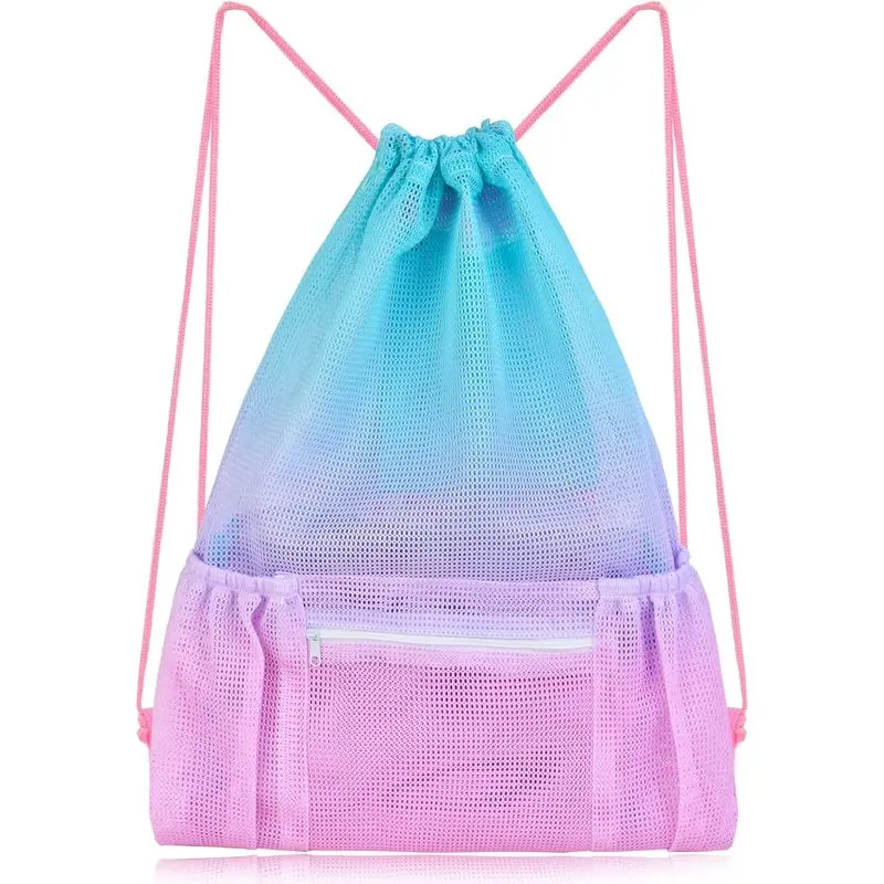 Outdoor sports Mesh Drawstring Bag with Zipper Pocket, Beach Bag for Swimming Gear Backpack Gym Storage Bag for Adult Kids (Pink Blue)