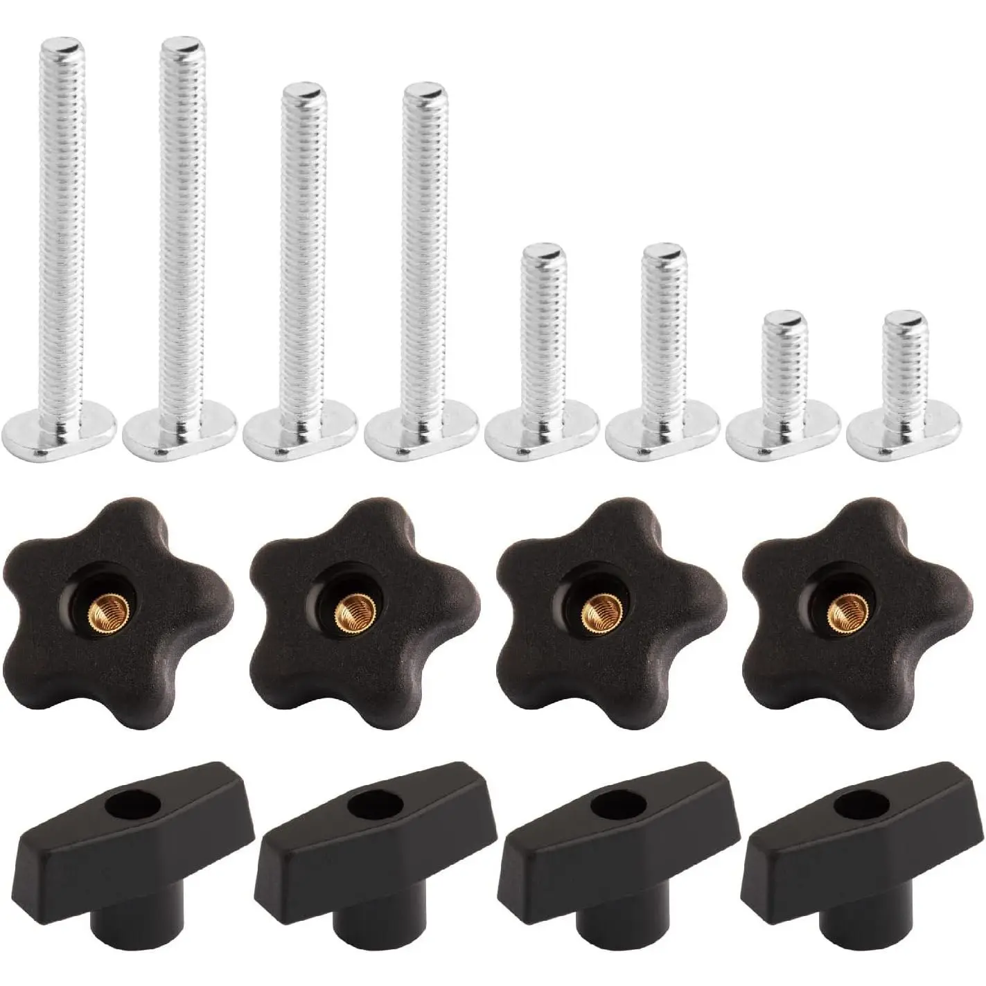 71121V T Track Knob Kit w/Threaded Knobs and 5/16”-18 T Track Bolts, 16 Piece Set, T Track Accessories for Woodworking Jigs and Fixtures