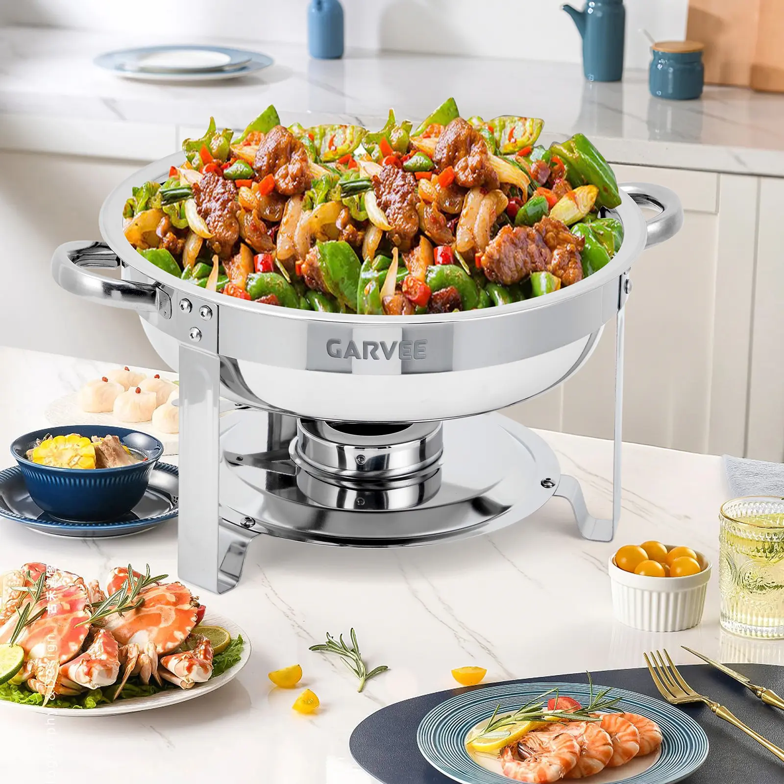 Garvee 4 pcs Stackable Round Stainless Steel Chafing Dish Buffet Set – 5QT Insulated Food Warmer with Glass Lids – Mirror Finish, Corrosion-Resistant – Includes Water Pans & Fuel Holders – Ideal Buffet Server for Catering, Parties, Events