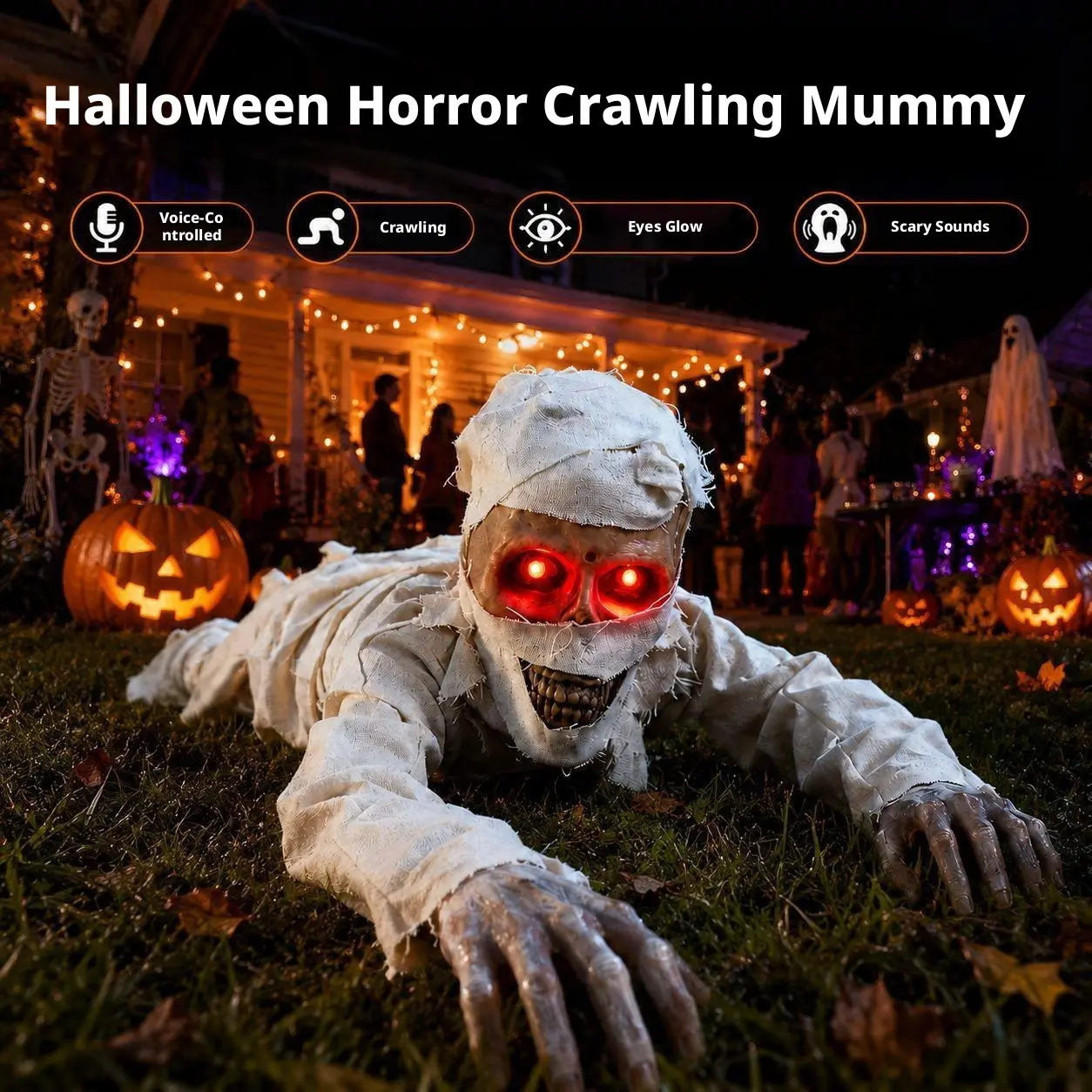 Halloween Animated Crawling Mummy Prop, Sound-Activated Scary Decor with Glowing Red Eyes & Creepy Scream, Moving Ornament for Haunted House Outdoor Party