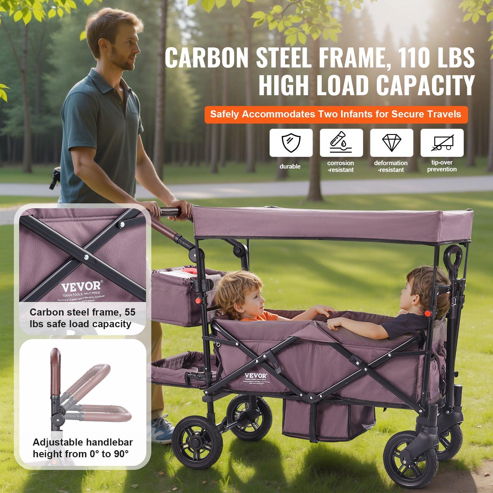 VEVOR Wagon Stroller for 2 Kids, Push Pull Quad Collapsible Stroller with Adjustable Handle, Encircling Harness Removable Canopy,4 Wheels w/ Brakes,Mutifunction Tandem Stroller for Camping Dark PurpleSummervibes