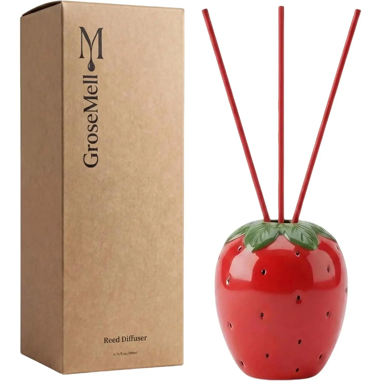 Strawberry Scented Reed Diffuser Set – 6.76 fl oz (200ml) with Sticks, Creative Strawberry-Shaped Ceramic Design for Home, Bedroom & Bathroom Decor, Long Lasting Aromatherapy Gift