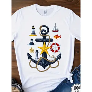 Women's Short-Sleeve White Crew Neck T-Shirt - Nautical Anchor Design, Cloud Fabric, Seamless, Breathable Lightweight Everyday Casual Top for Halloween Christmas Gifts