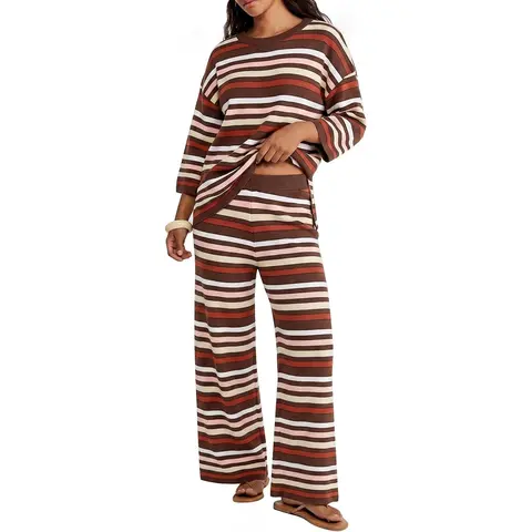 Tankaneo Womens Striped 2 Piece Sets Oversized Sweater and Wide Leg Pants