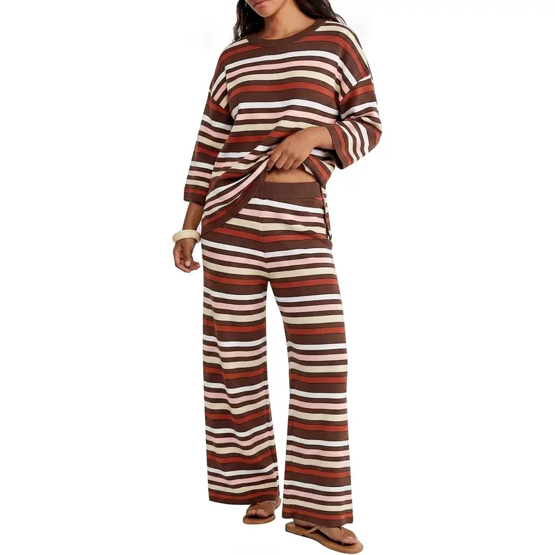 Tankaneo Womens Striped 2 Piece Sets Oversized Sweater and Wide Leg Pants