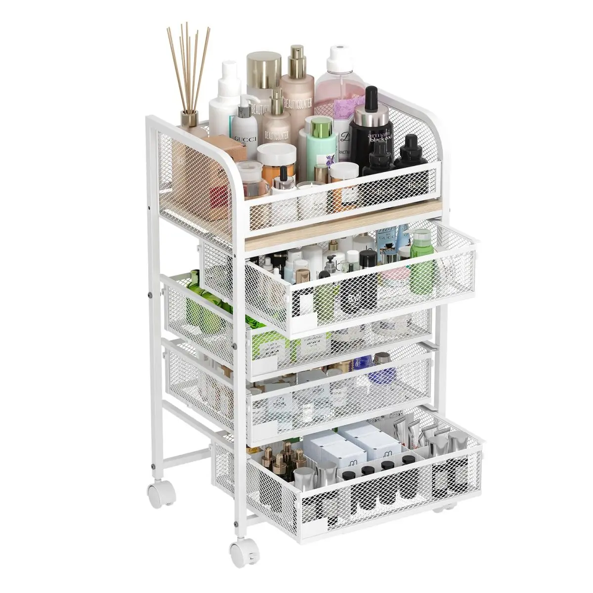 White MDF Makeup Organizer with 4 Drawers, Wheels & Nameplates, Vanity Cosmetic Holder for Perfume, Nail Polish, Brushes