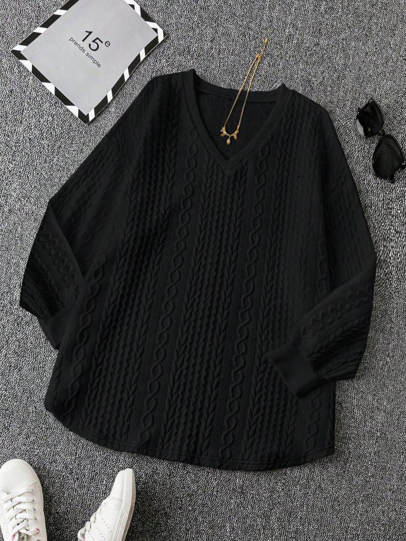 Women's Plain Jacquard Drop Shoulder V Neck Tee, Casual Long Sleeve T-Shirt for Fall & Winter, Women's Clothing for Daily Wear