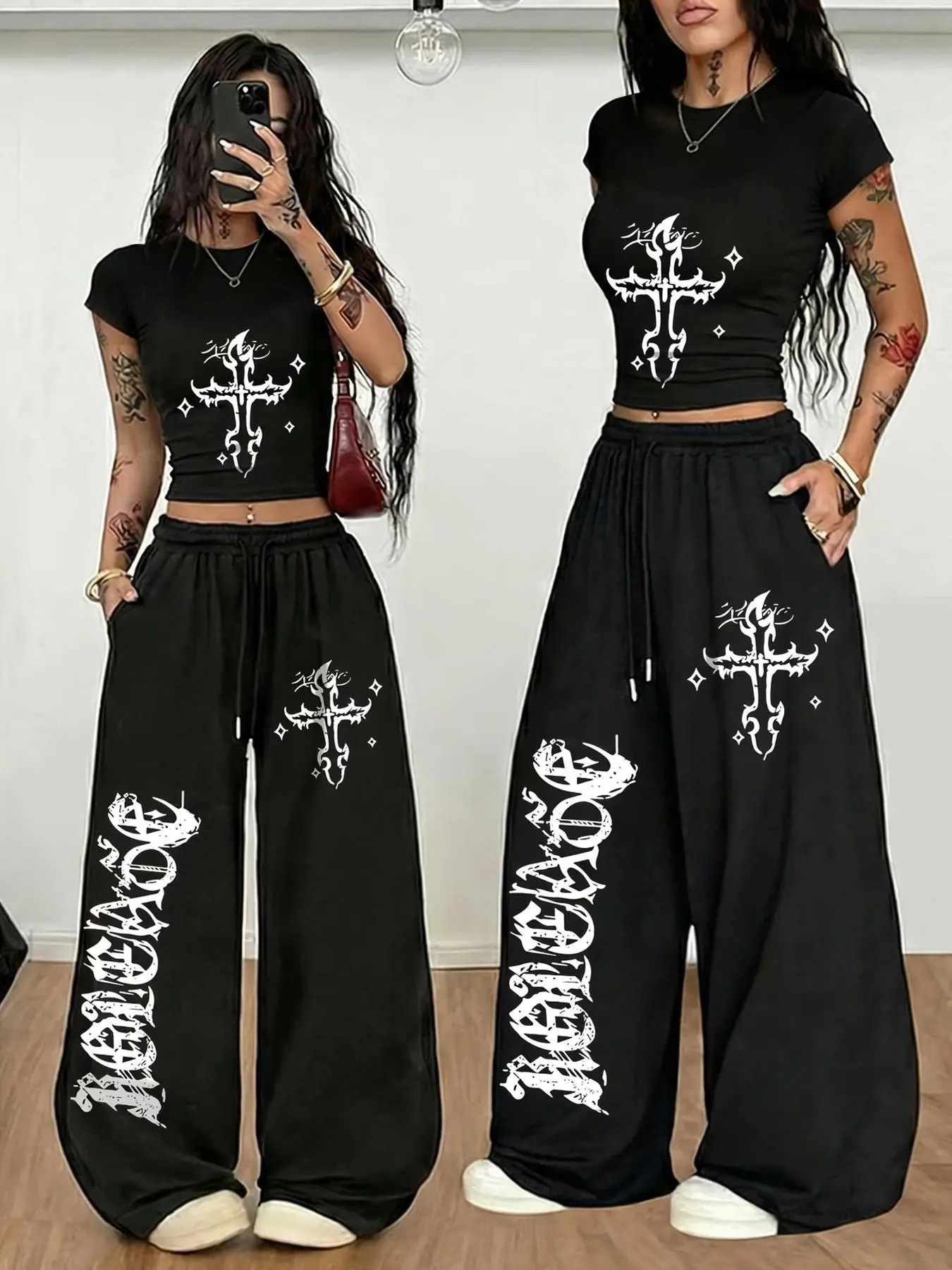 Women's Gothic Cross Print Two Piece Outfit, Release Graphic Crop Top and Wide Leg Pants Set, Goth Aesthetic Streetwear Tracksuit for Teen Girls