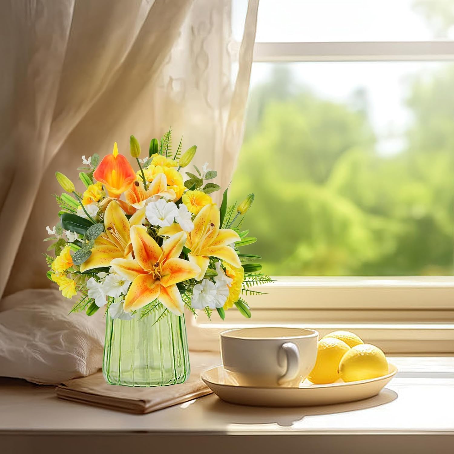 Yellow Flowers Bouquet 11 Stems Artificial Tiger Lilies Mixed Faux Morning Glory Calla Lily; Fake Flowers Spring Decorative Flowers Floral Arrangement for