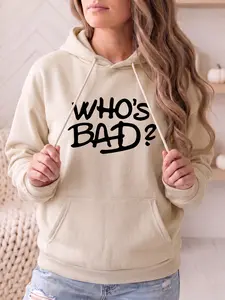 Women's fashionable hoodie with "WHO'S" letter print on the pocket, with kangaroo pockets, long-sleeved women's casual sweatshirt for sportswear, suitable for daily casual outings and party wear in autumn and winter.