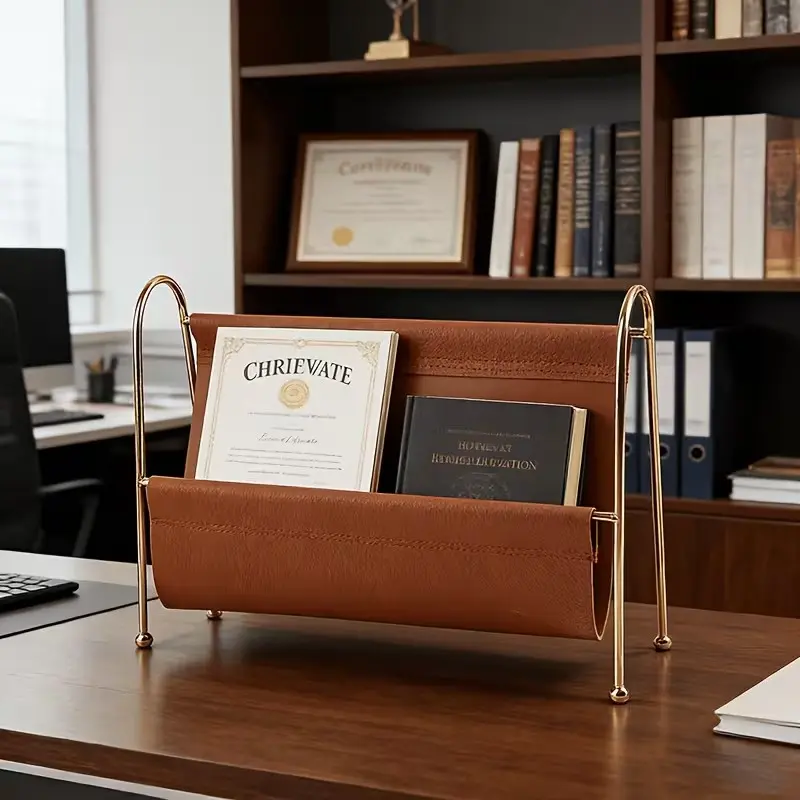 Scandinavian Magazine Rack, Metal and Leather Combination, Sleek Design, Office or Study Room Decor, Single or Double Side Options