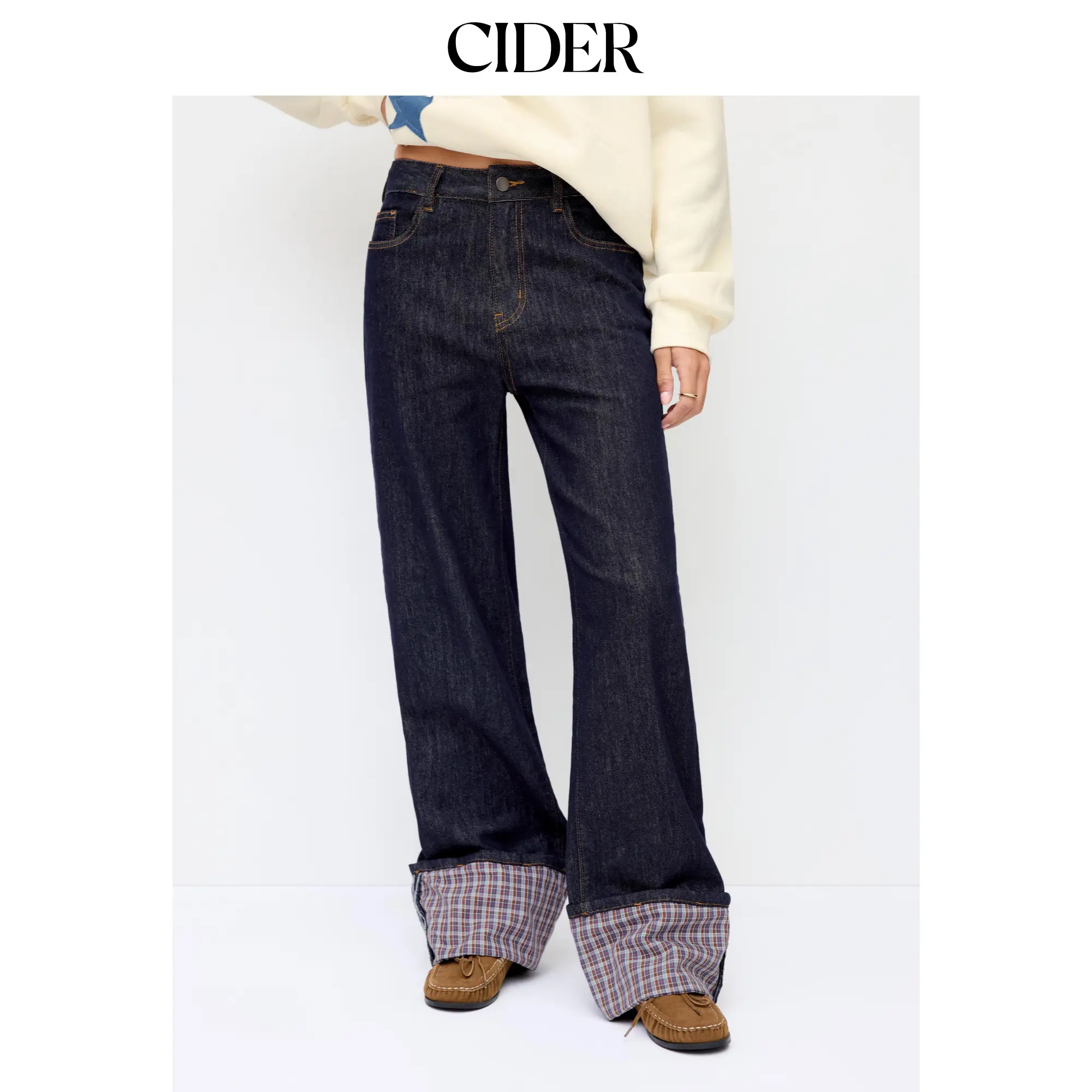 Cider Stretch Denim Mid Rise Plaid Roll Hem Straight Leg Jeans
