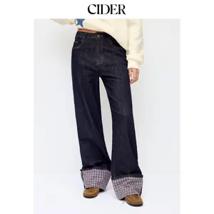 Cider Stretch Denim Mid Rise Plaid Roll Hem Straight Leg Jeans