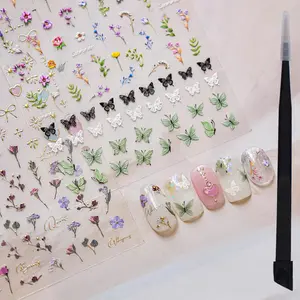Flower Nail Stickers for Nail Art Decals Charms,5D Embossed Floral Butterfly and Heart Gem, Self-Adhesive 5 Styles Craft Nail Supplies 2 Sheets with Tweezers Kit for Women Decorationfidget toys