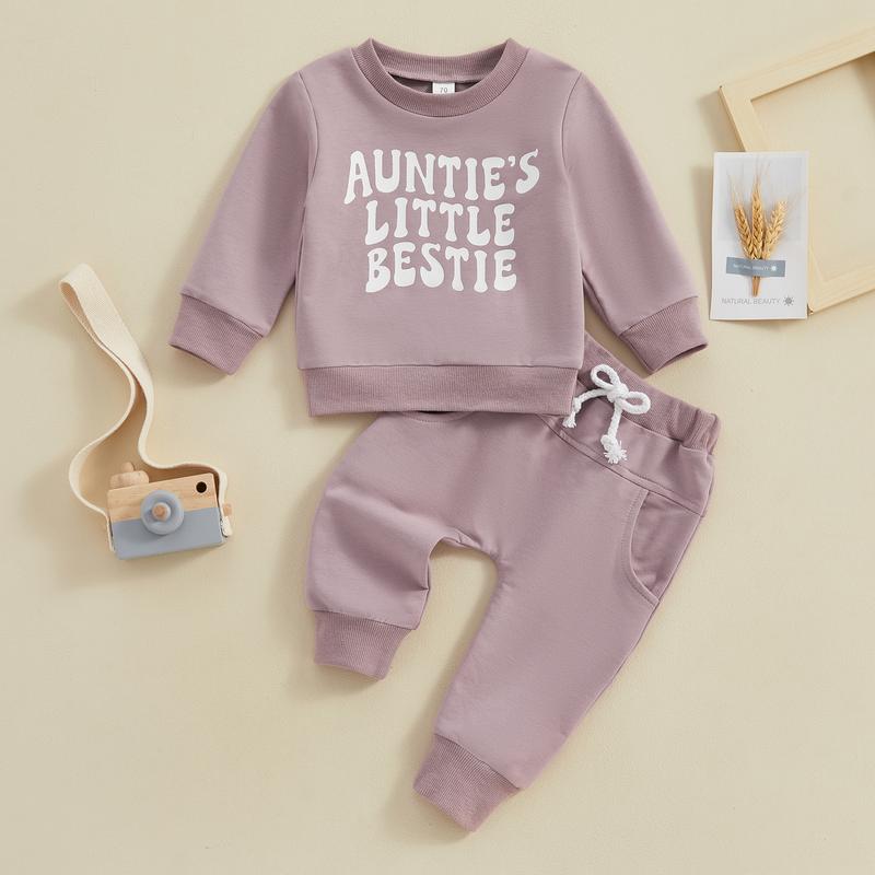 Toddler Baby Girl Boy Aunties Bestie Clothes Long Sleeve Letter Print T-Shirt with Elastic Waist Pants Set Outfit