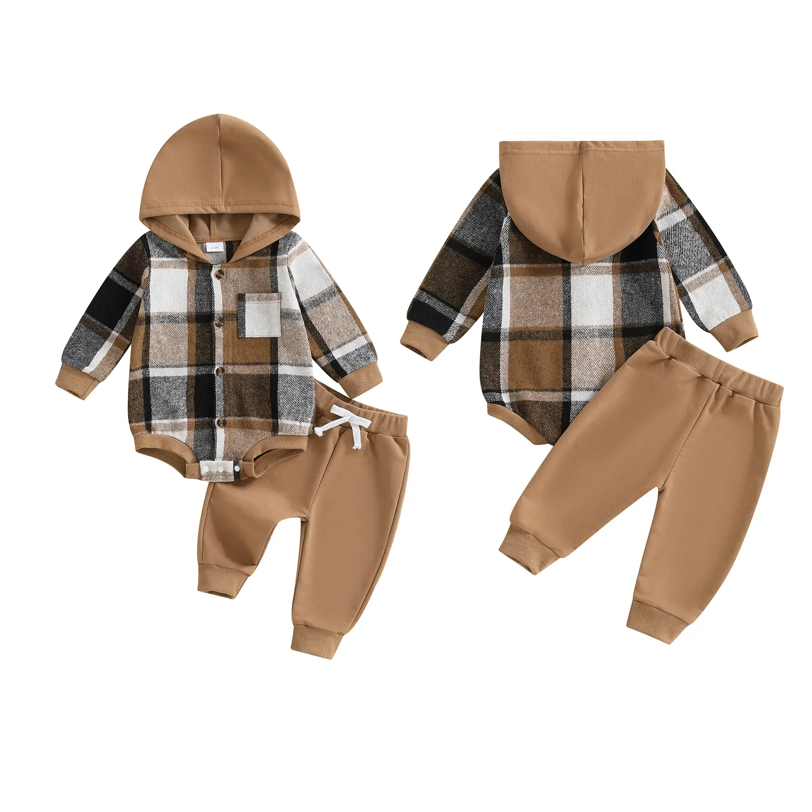 Toddler Baby Boy Fall Outfit Plaid Long Sleeve Hooded Romper Solid Elastic Waist Jogger Pants 2 Piece Set