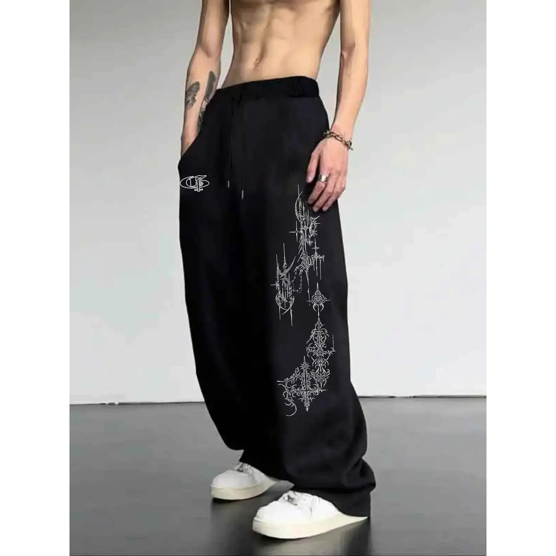 Men's Gothic Cross Key Print Wide Leg Pants - Black Baggy Streetwear Cargo Pants with Drapey Feel, High Street Casual Loose Trousers