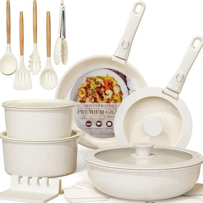21 Piece Cream White Nonstick Cookware Set for Home Solid Color High - End Kitchen Pots and Pans Set Universal Cookware