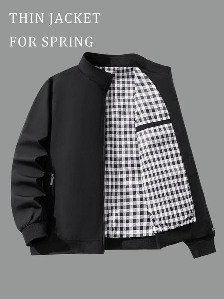 Men's Solid Color Zip Up Thermal Lined Jacket, Regular Fit Casual Long Sleeve Outerwear for Fall & Winter, Men's Clothes for Daily Wear