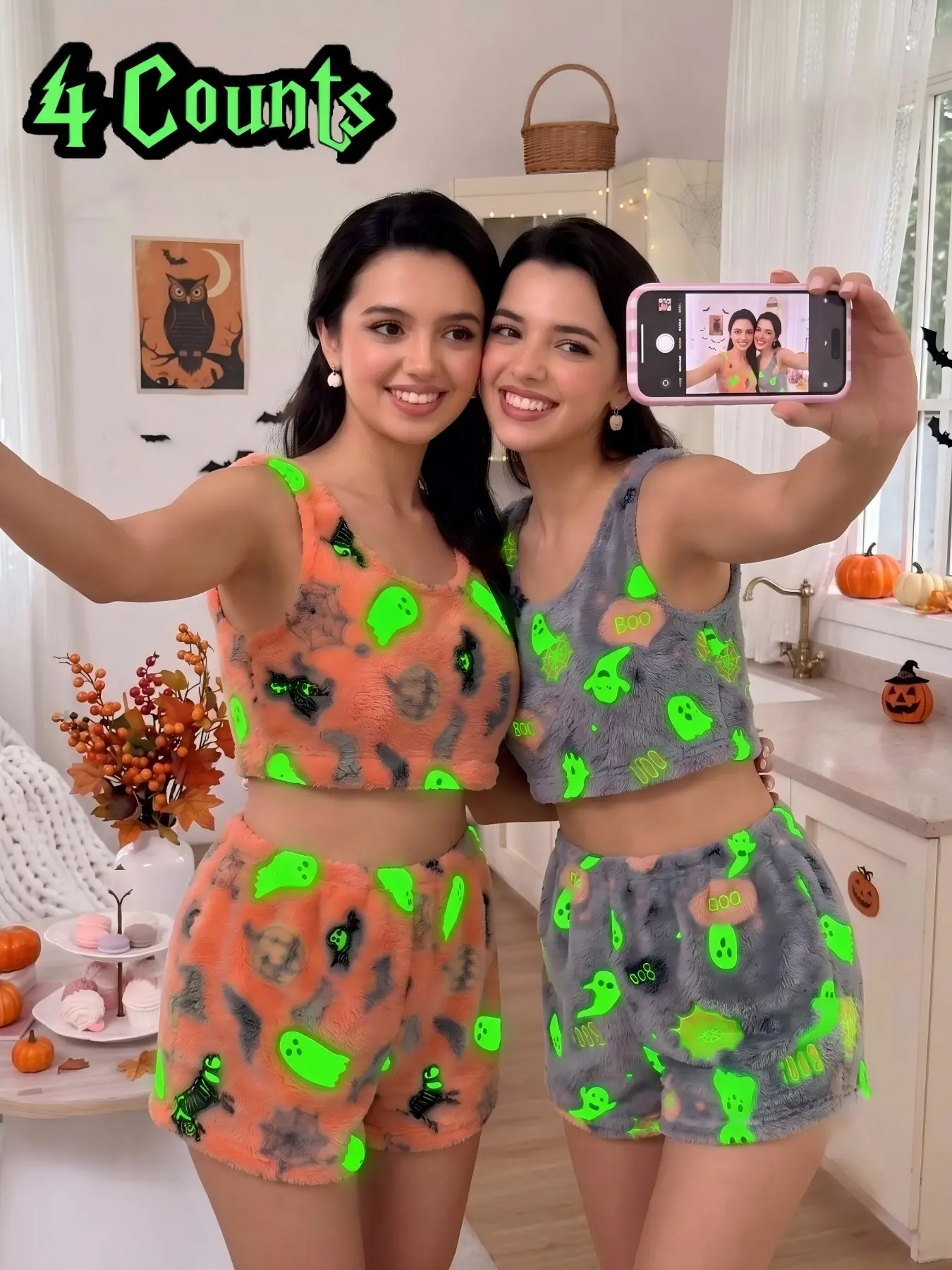 Women's Halloween Glow-In-The-Dark Flannel Pajama Set, 4-Piece Sleepwear, Sleeveless Slim-Fit Casual Winter
