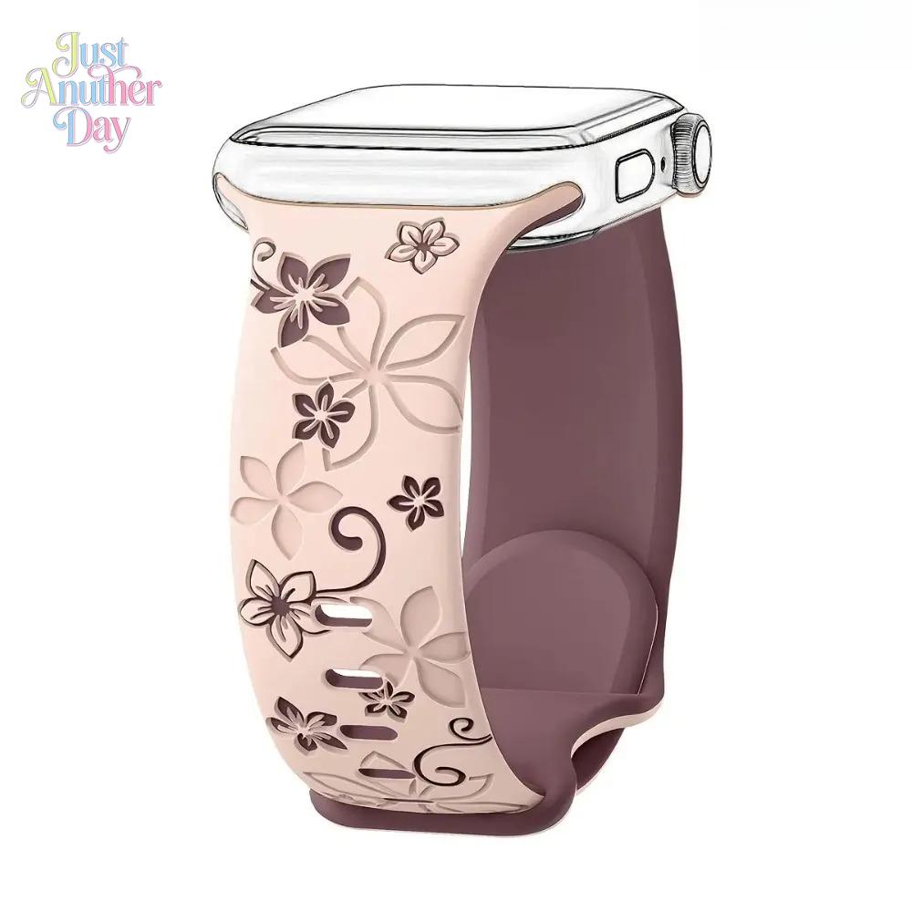 Floral Engraved Silicone Apple Watch Band – Cute Sport Strap (38–49mm, Series & Ultra)