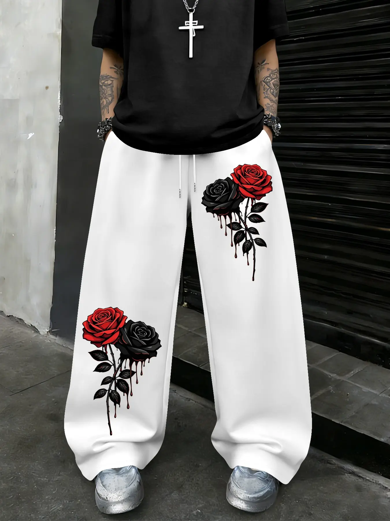 Street Style Men's Pants, Dark Blood Rose Print Straight Leg Sweatpants, American High Street Drawstring Pocket Long Trousers