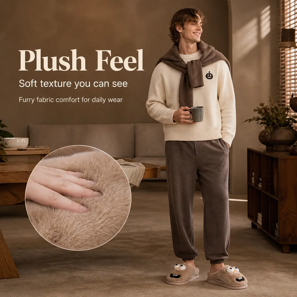 Men’s Khaki Fluffy Cartoon Creature Slippers, Cozy Furry Open Back Indoor Slides, Soft Warm Plush Home Shoes for Casual Lounge & Holiday Outfit