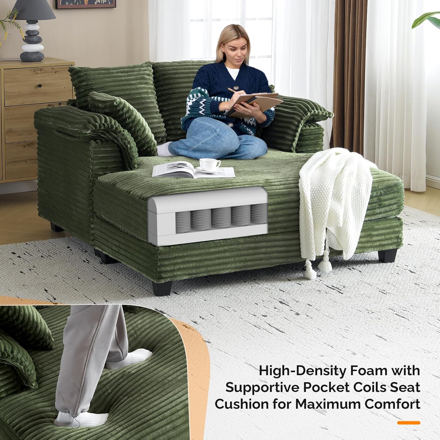 Ktaxon 59" Oversized Boneless, Comfy Corduroy Chaise Sofa Recliner Bed Upholstered Sleeper Couch Bed with Throw Pillows and Armrests for Living Room, Movie Room, Bedroom