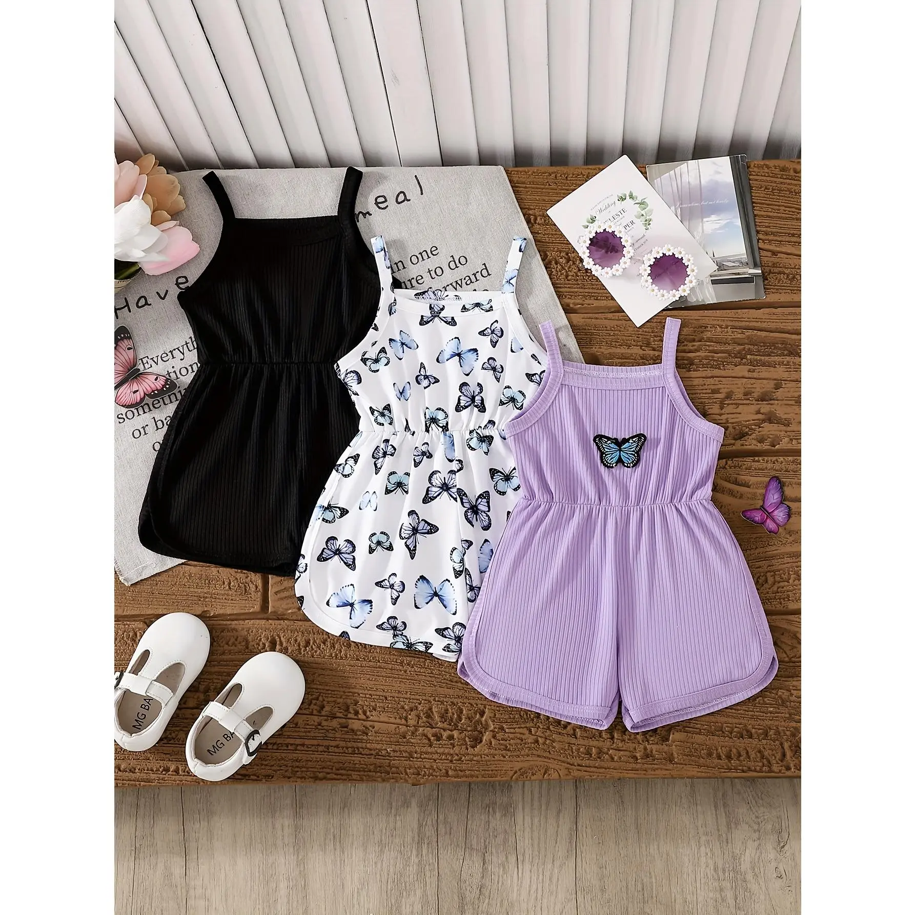 3pcs Fashion Baby Girls Bodysuit, Print Solid Color Ribbed Sleeveless Suspender Bodysuit, Casual and Comfortable, Perfect Outdoor, Casual Wear, Polyester Blend