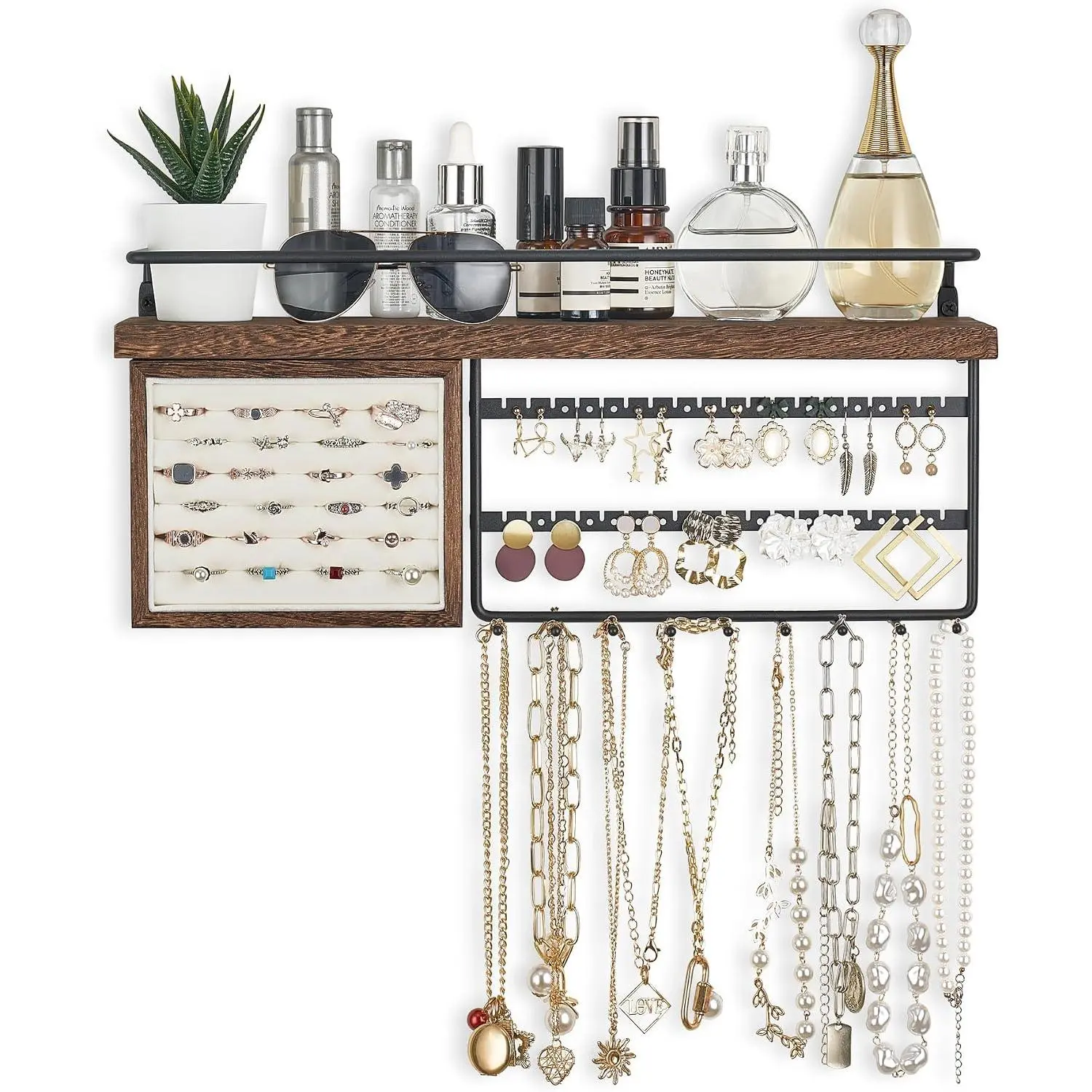 Organizer Wall Mounted  Organizer Necklace Holder with Rustic  Shelf, Ring Display Box, Ear Studs Earring Holder Bracelet Organizer (Brown)