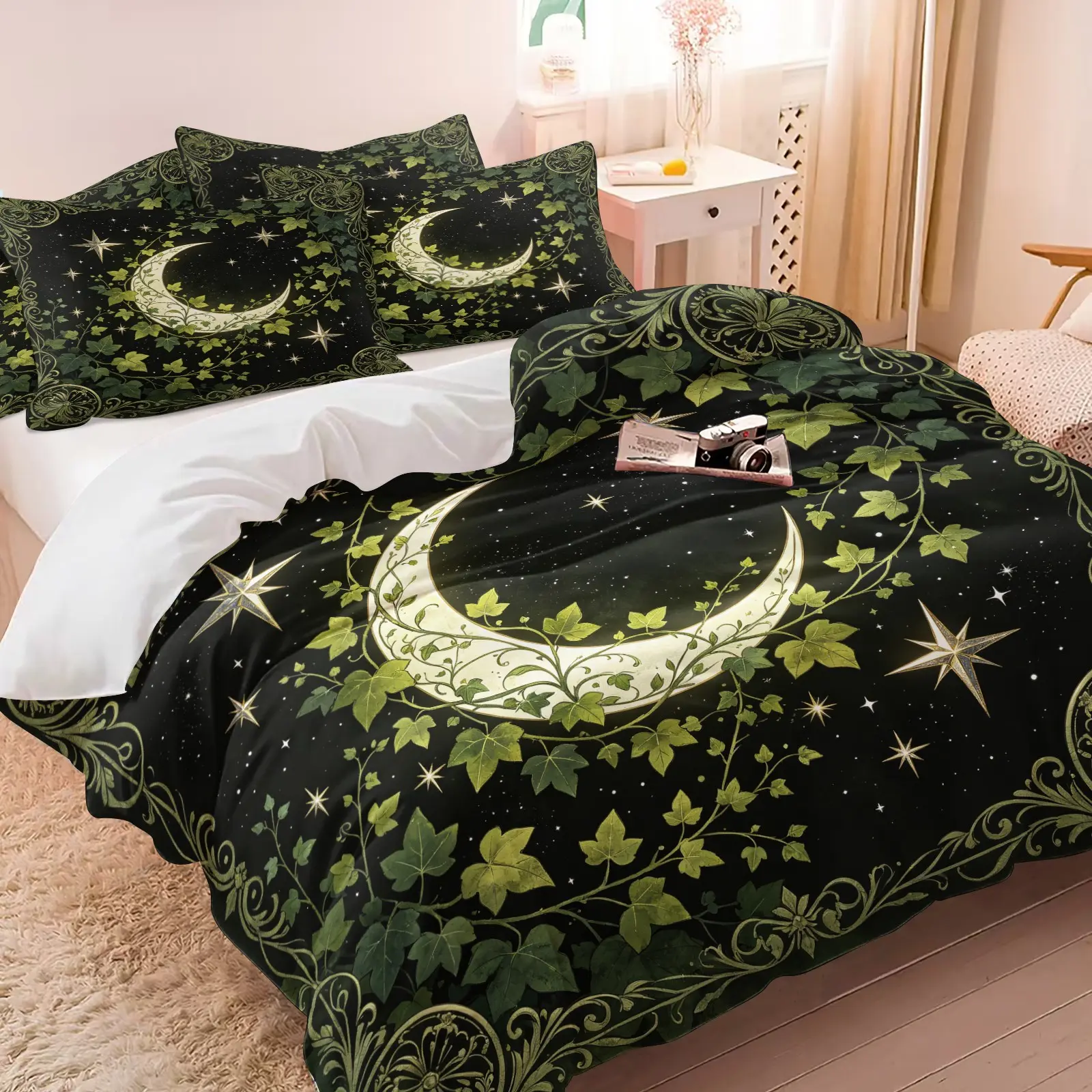 3PCS Dark Green Ivy Vine Star Moon Duvet Cover Set (1 Duvet Cover + 1-2 Coreless Pillowcases), Ornate Leaf Frame Night Sky Pattern, Soft Comfy All Seasons Print Bedding Set, Ideal for Nature Mystic Witch Bedroom Decor
