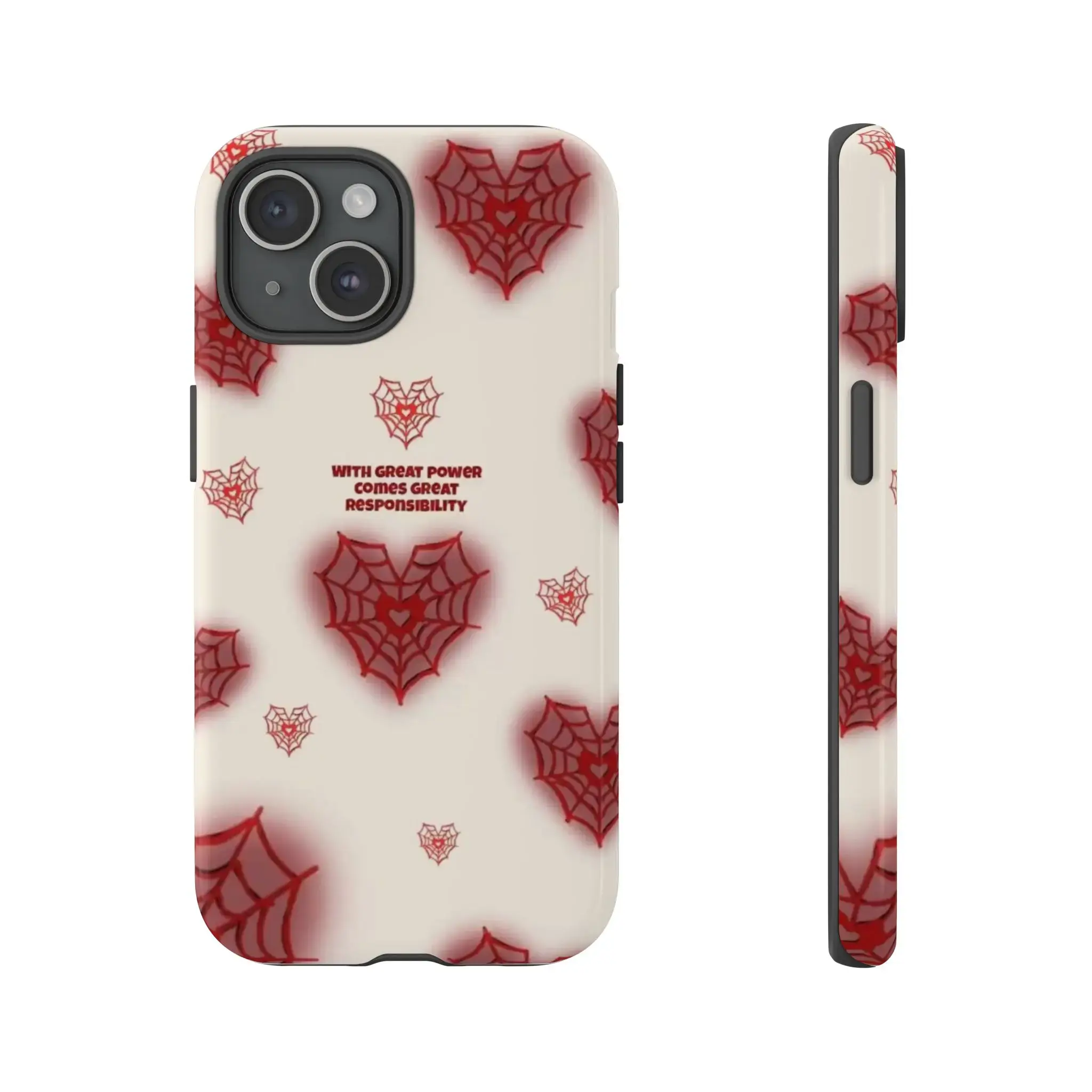 iPhone 17 TPU Protective Cover - Shockproof Phone Accessory, Men's Accessory, Heroic Heart Spider Web Design, "With Great Power Comes Great Responsibility" Themed Durable Casing, Gift for Him, Accessories