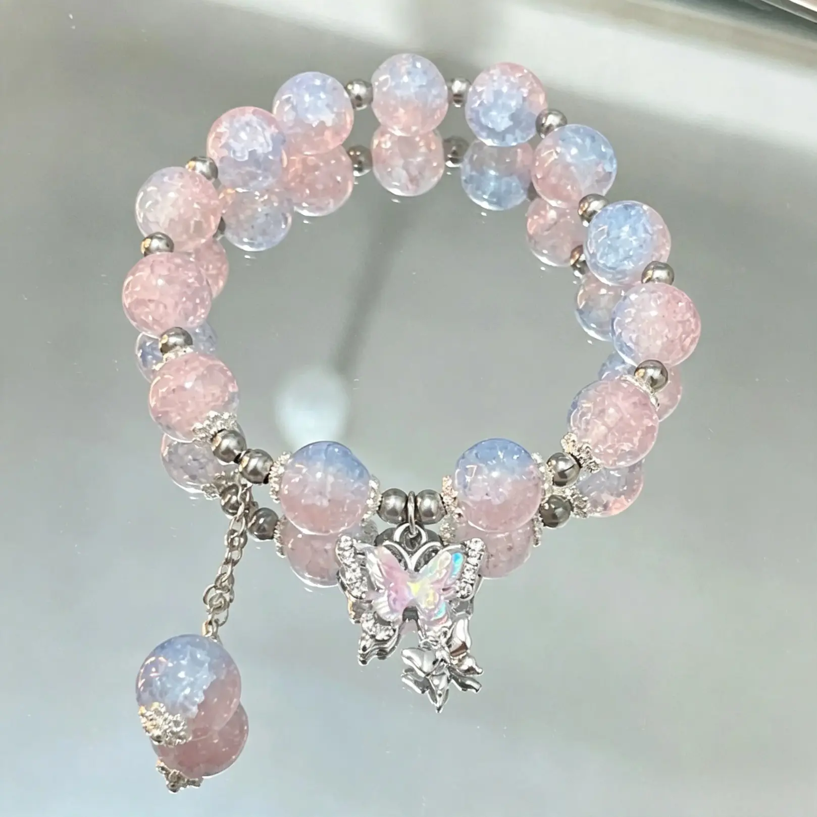 Vintage Craft Stone Butterfly Charm Beaded Bracelet, Sweet Fashion Accessories for Women & Girls, Trendy All-match Accessories, Creative Holiday Gifts