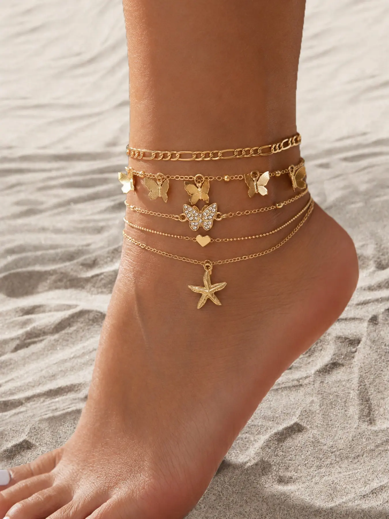 5 Pcs Beach Chain Anklets, Butterfly Pendant, Elegant Summer Jewelry for Girls, Perfect Small Gift Idea