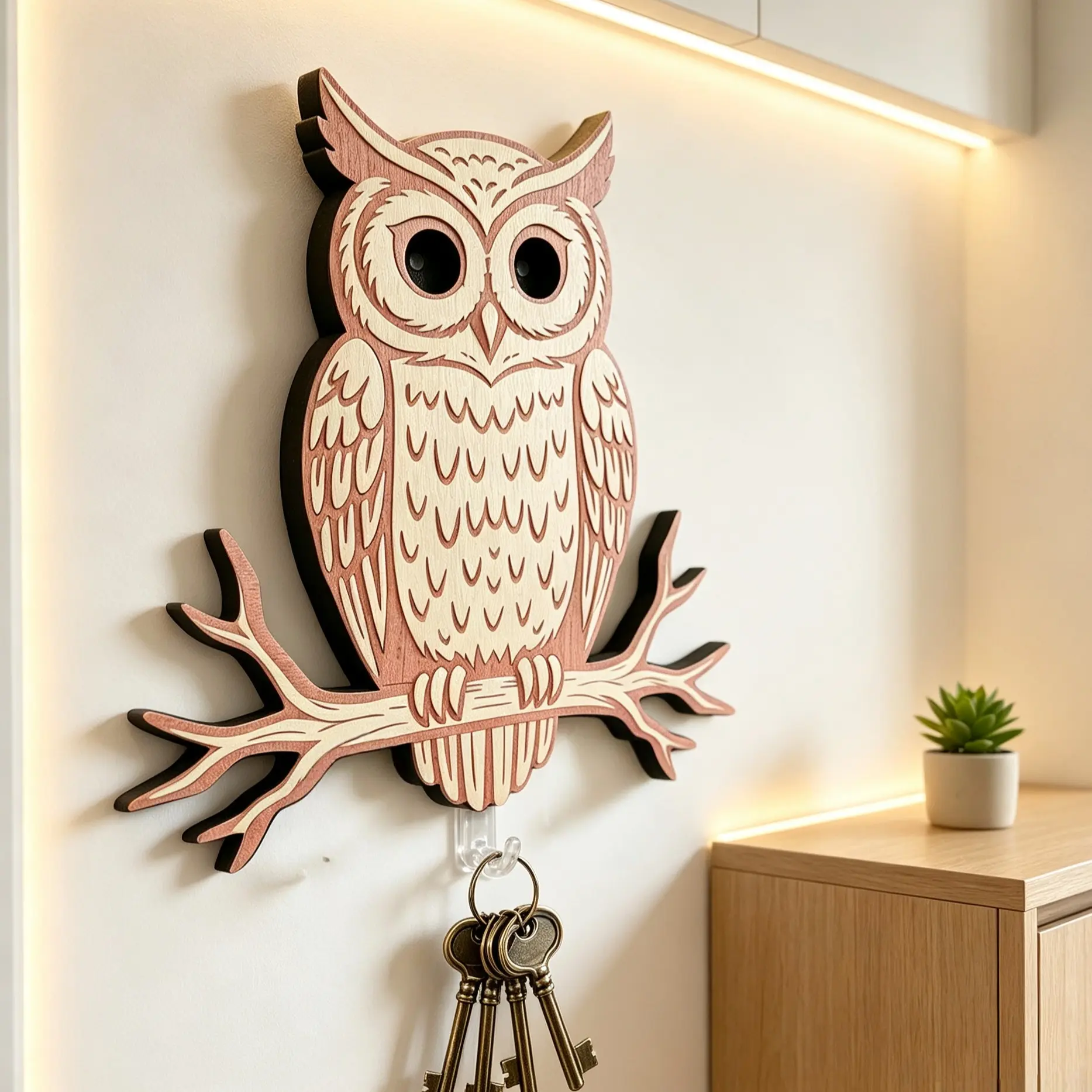 1pcs Owl Tree-Shaped Wooden Hook, Wall-Mounted Key Holder, Creative Home Decor, Butterfly-Shaped Wall Hook, Universal Placement