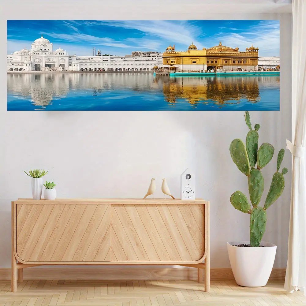 1PC 2D Flat, Amritale Gold Temple Wall Artwork - Sikhi Symbolic Gudwalasahib Water Reflection Waterproof Canvas Prints, High Definition Frameless Poster, Suitable for Office Decoration, Indian Cultural Gift (With Hook for Easy Hanging)