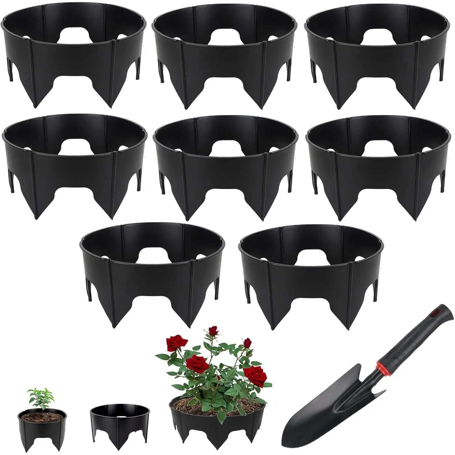 24PCS Planting Grow Rings with Shovel, Diameter Range 8.3-15.7in Adjustable Round Plant Support Garden Circle Ring for Watering Planting Edging Border Ring for Vegetables (24, Black)