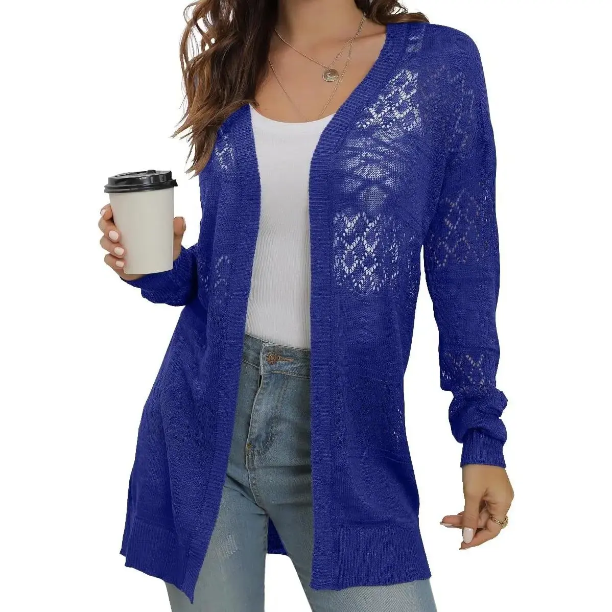 Women's Lightweight Crochet Long Sleeve Loose Casual Open Front Cardigan Drape Sweaters Boho Summer Beach Coverups