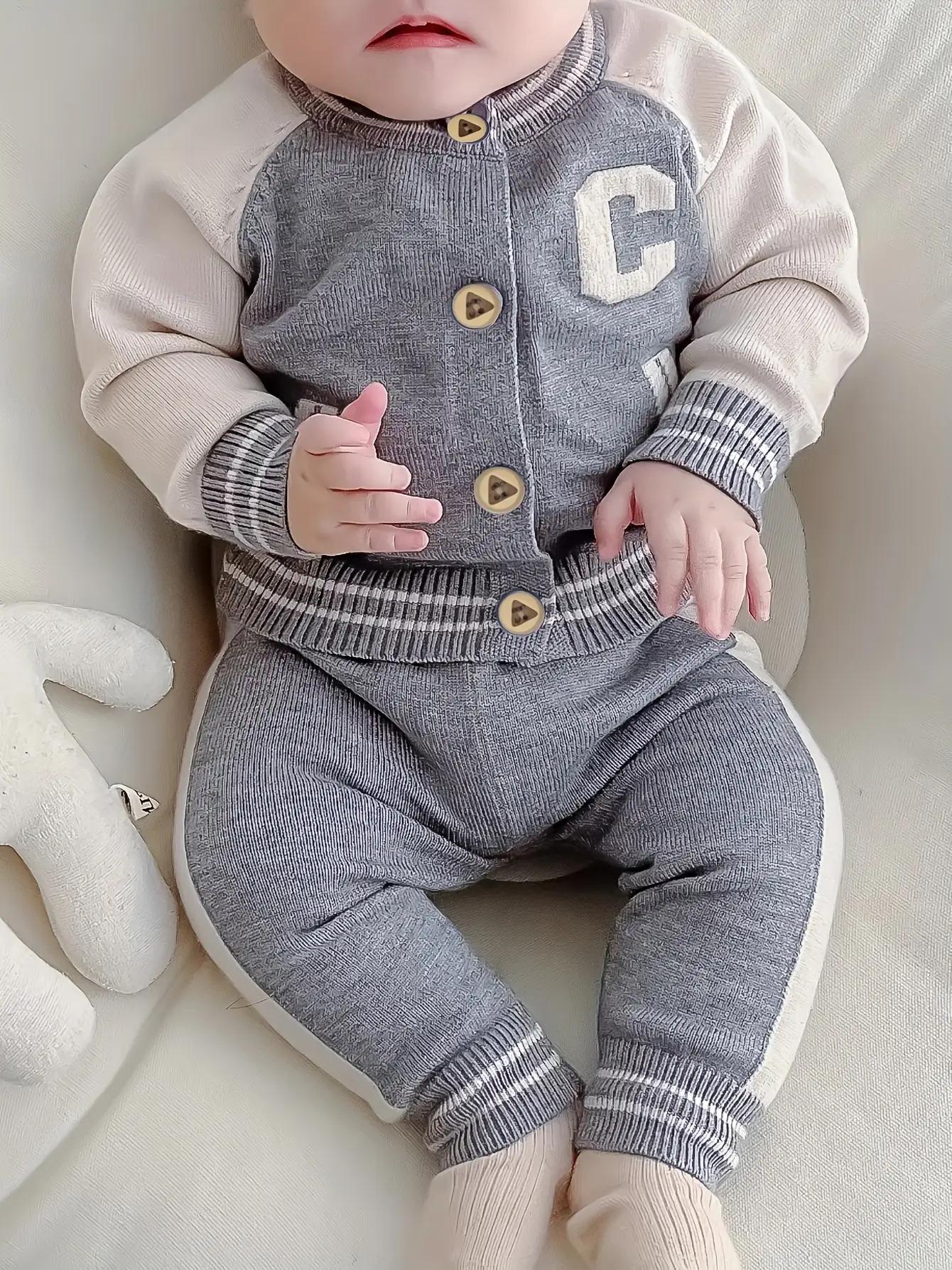 NewNewborn Boy Spring/Autumn Outfit Set    2-Piece Lettered Cardigan + Knit Long Pants – Stylish & Cozy for Outdoor Strolls! Adorable Infant Sweater Set, Soft for Daily Wear ✨