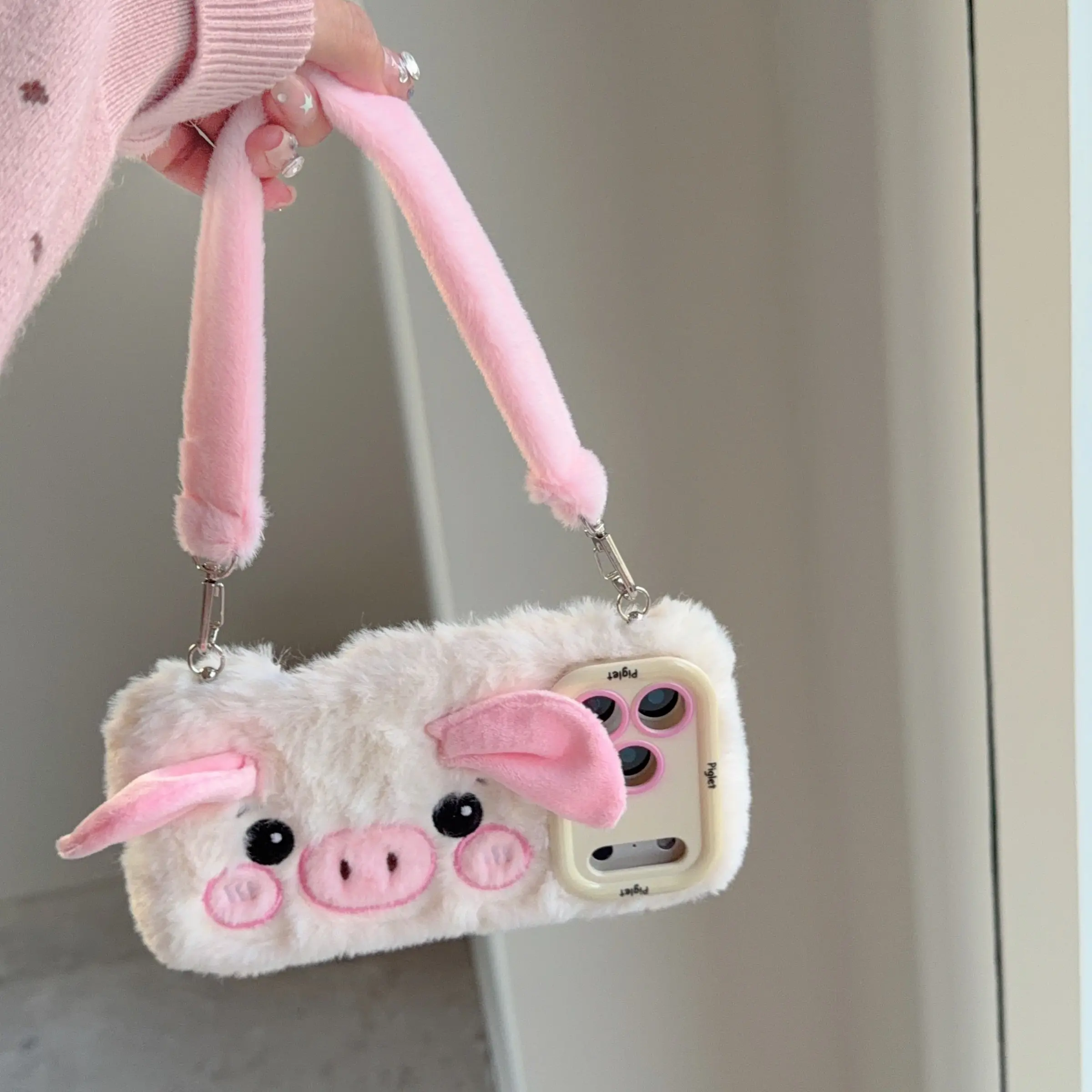 Cute Plush Pig Phone Case with Lens Holder, Shockproof Durable Cover for Samsung Galaxy S23/s24/s25/26 Plus/ultra/a14/a15/a16/a17 Series