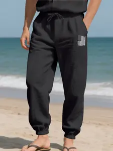 Men's Loose Hemp Casual Pants, Fitted Fall Beachwear, Plain Surface, Lightweight <88.2g/m², Trendy Sportswear for All Seasons