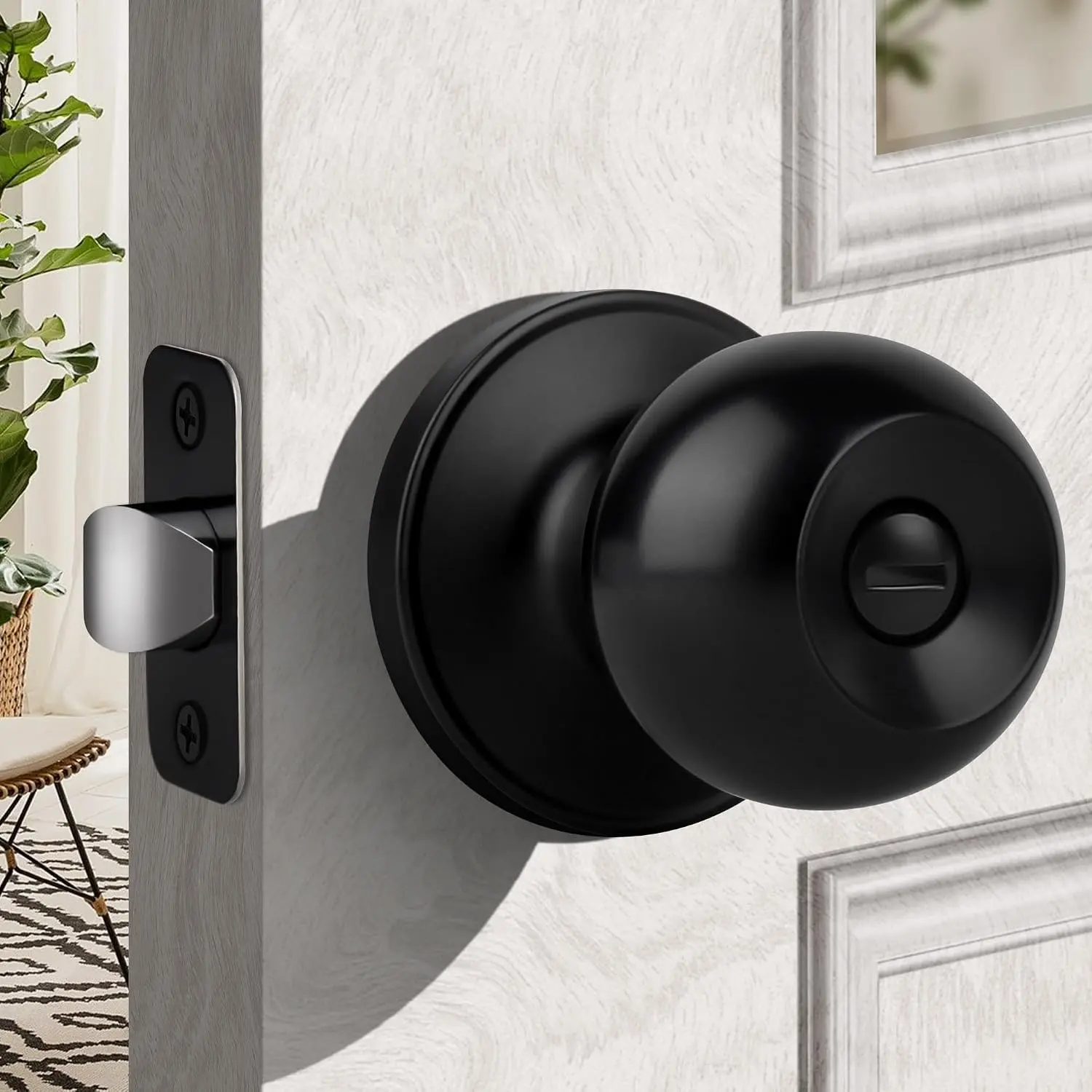 Door Knob with Lock, Keyless Interior Round Ball Door Knob for Bathroom or Closet, Black