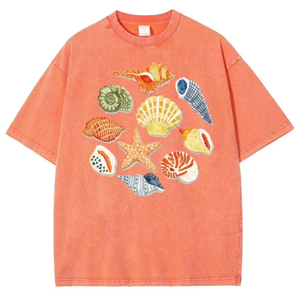 Watercolor Seashell Starfish Vintage Washed Tee Vintage Washed Tee 90s Men's Graphic Tee t Shirts Funny Graphic Tee Good Graphic Tees Graphic Tees Streetwear Outfits Men Vacation Outfits Oversized Tshirt Men