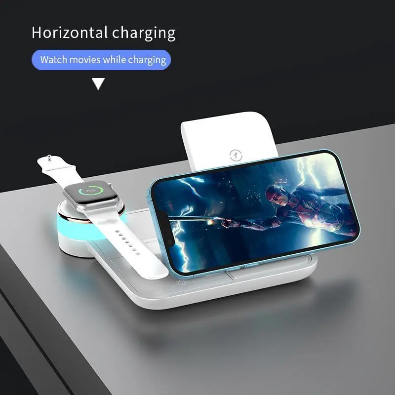 4-in-1 Fast Qi Wireless Charging Station with Rgb Night Light Magnetic Charging Dock Compatible for Iphone Apple Watch Airpods Multi Device Fast Charger Dock for Desk Home Office Travel