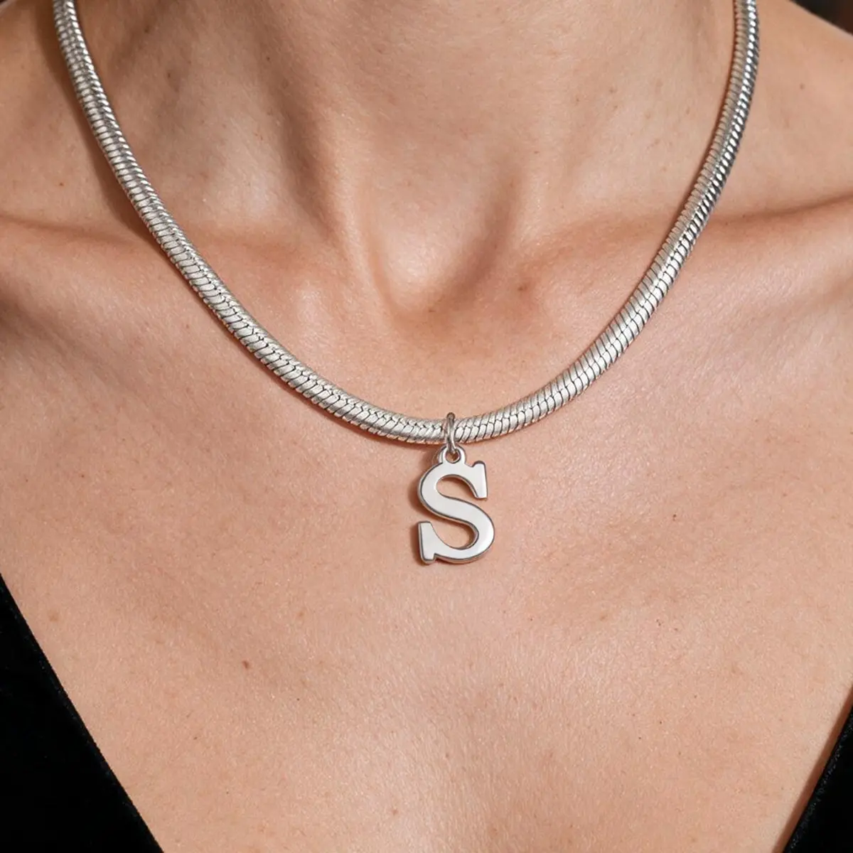 Minimalist Silver Plated Choker Initial Letter A-Z Pendant Necklaces 304L Stainless Steel Personalized Flat Snake Bone Chain Jewelry Festivals, Birthdays, and Special Occasions Holiday Gift Couple Necklace