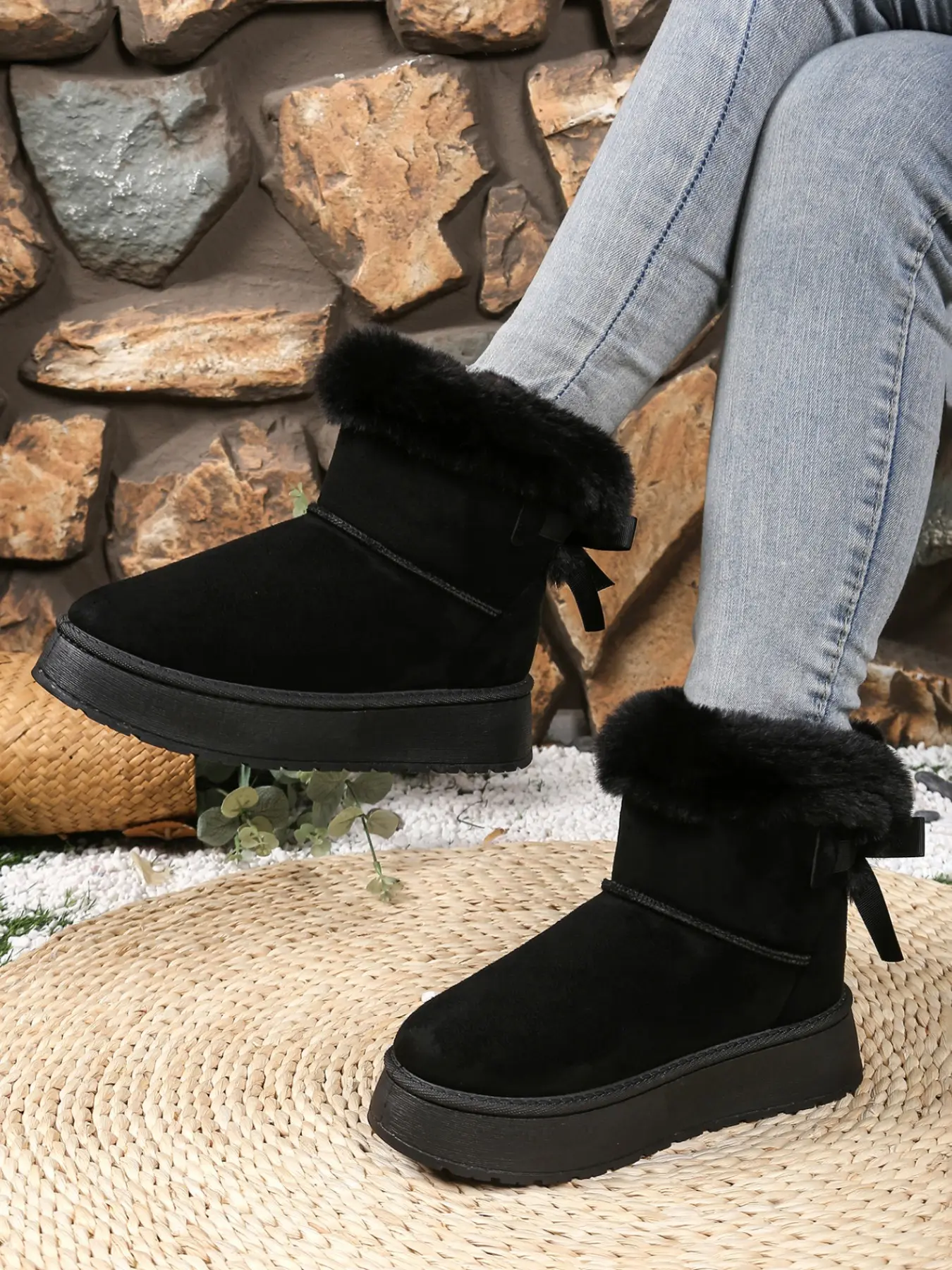 2026 Viral Women Fluffy Ankle Snow Boots, Faux Suede Warm Furry Lined Booties, Platform Slip On Winter Shoes, Bow Decor, For Daily Walking Outdoor Cold Weather Outfits