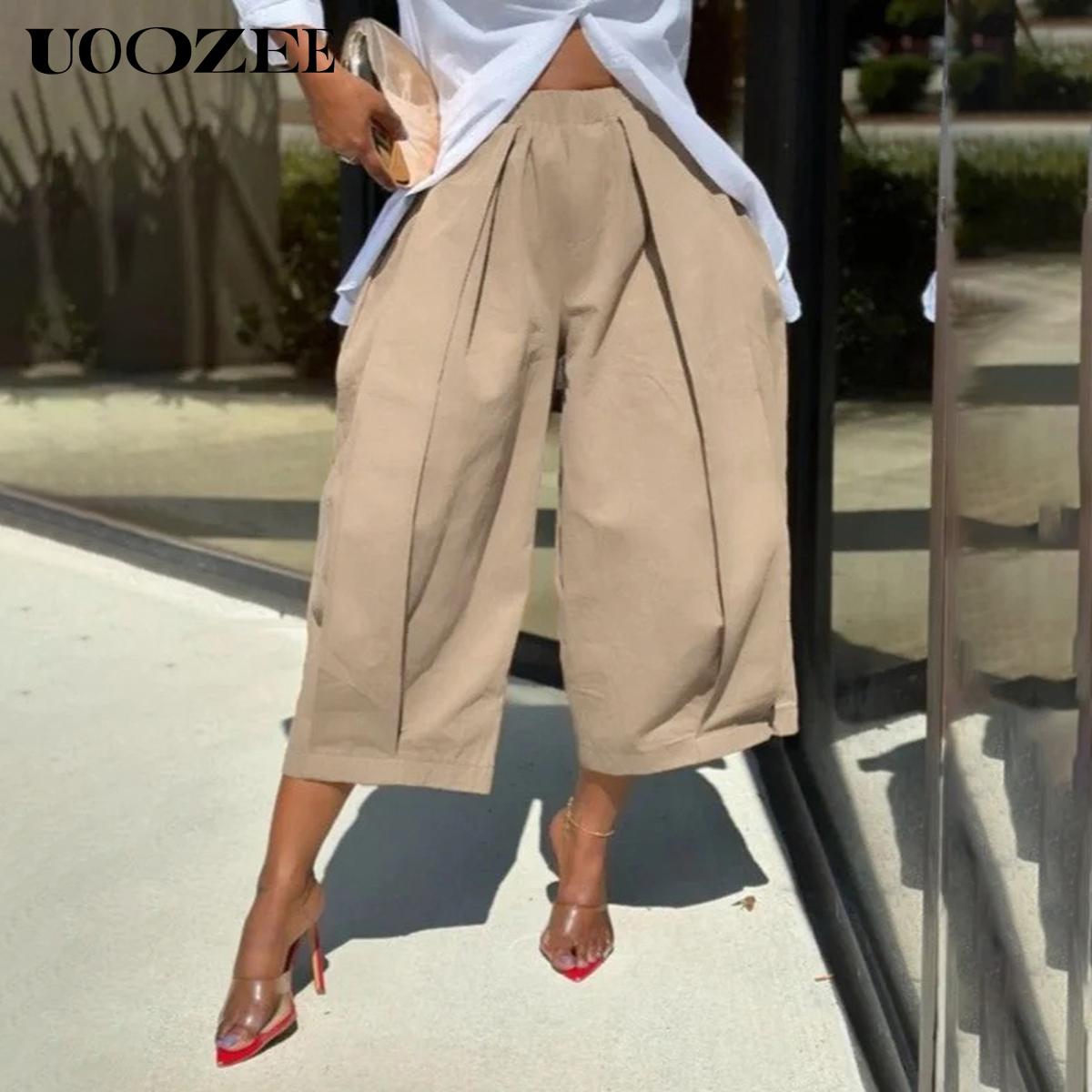 UOOZEE Women's Khaki Loose Multicolor Cropped&Long Trousers 100% Cotton Soft Summer&Autumn/Winter Comfortable Breathable Fabric Elastic Waistband Lantern Pants with Pockets Casual Style Bottoms Outfit Minimalist Spring Basic teacher outfits