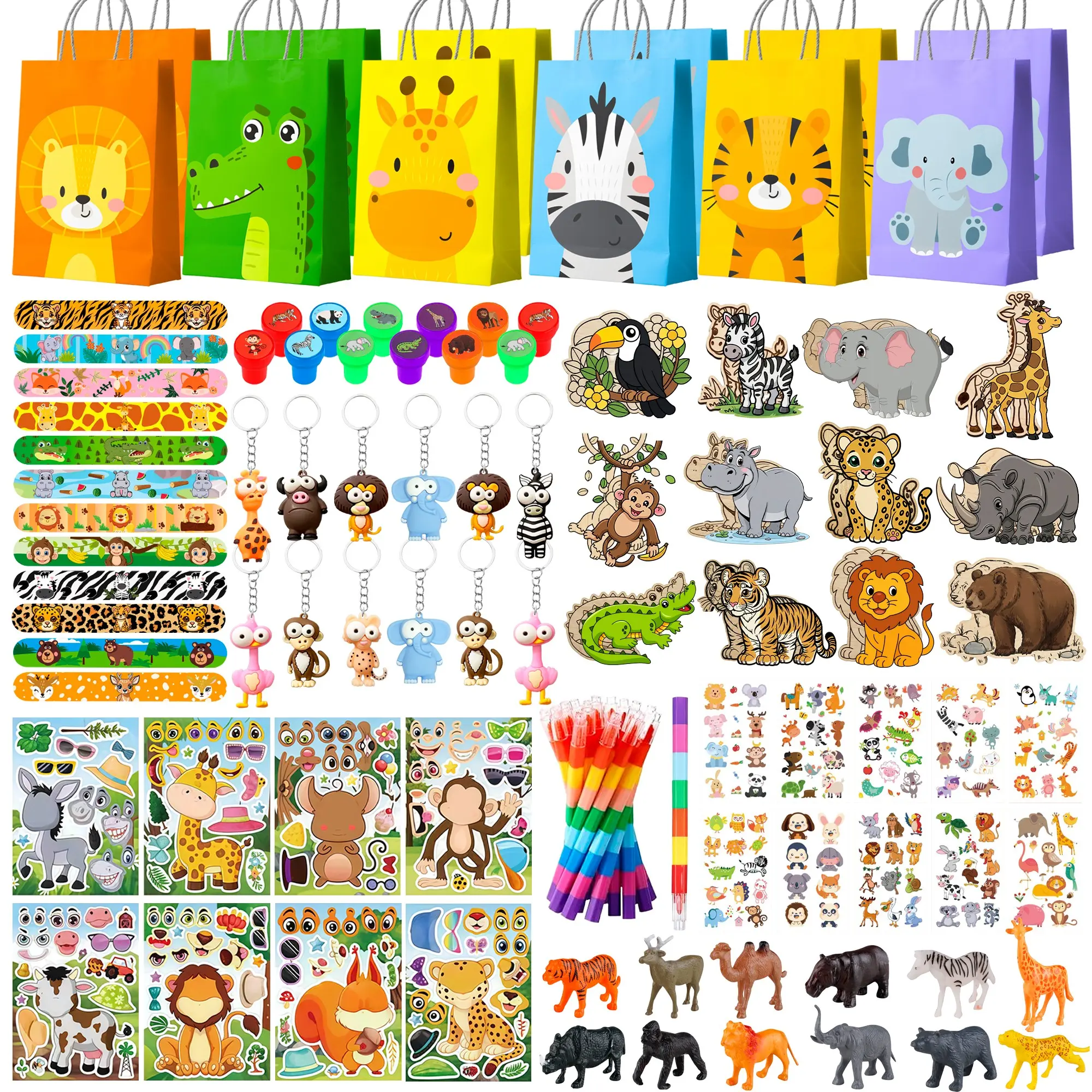 Animal Party Favors Fillers, 108pcs Jungle Safari Party Favors Supplies Set Includes Animal Party Goodie Bags Keychains Slap Bracelets Wooden Animal Ornaments etc Safari Birthday Decorations