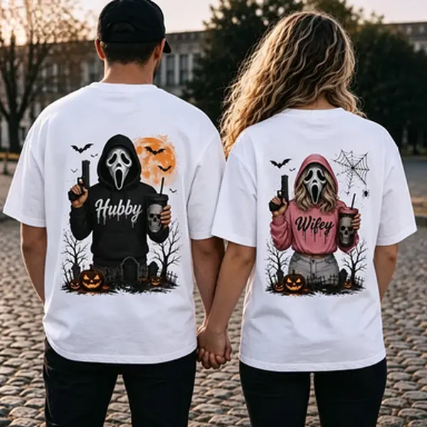 Hubby Wifey Halloween Spooky Season Couple Matching Hoodies Casual Street Style Fleece Fabric Pullover Hooded Sweatshirt Tops Trendy for Women for Men[A piece of clothing] Womenswear Lightweight