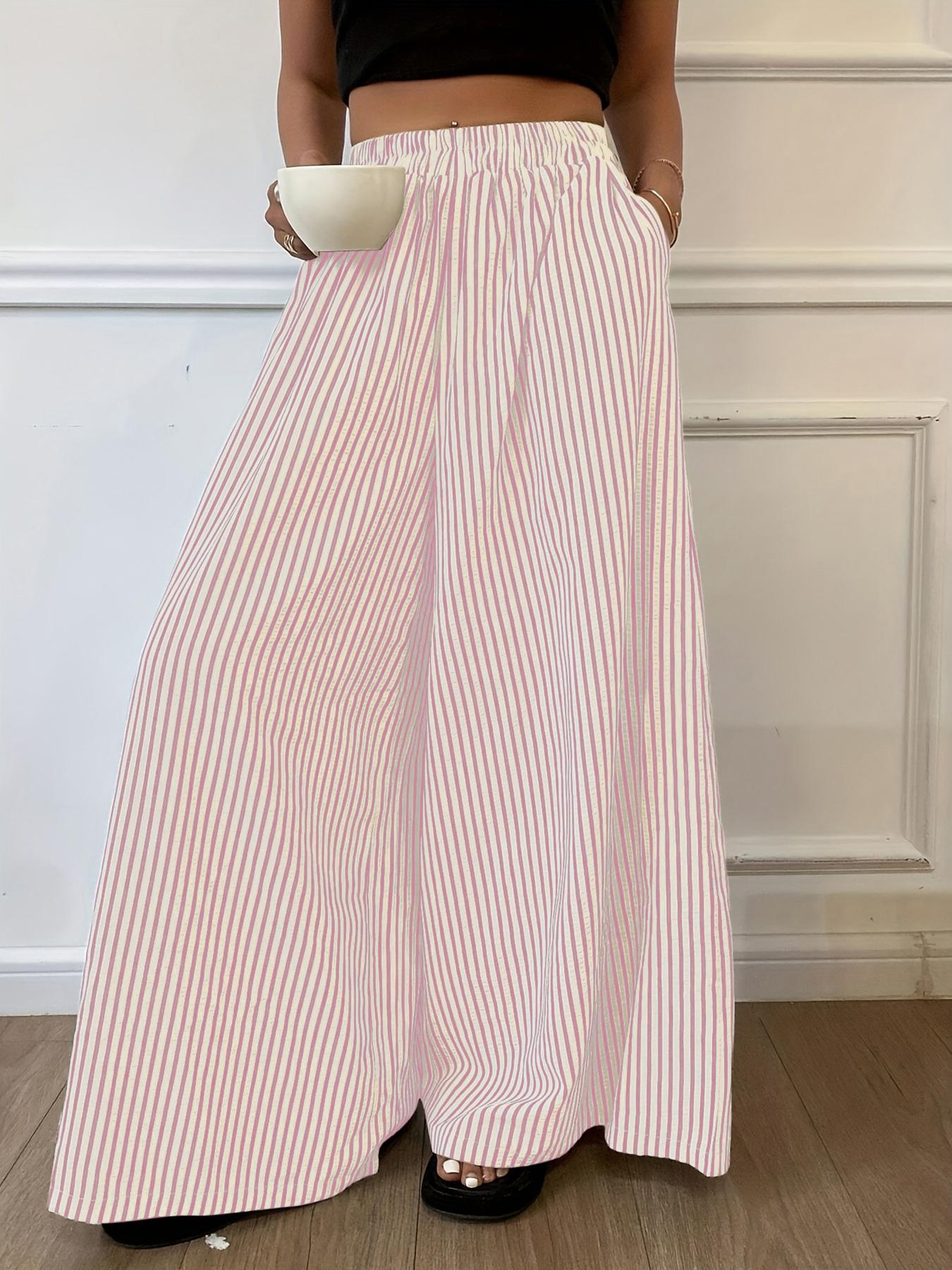 Women's Vertical Striped Casual Elastic Waist Wide Leg Pants, Loose-Fitting Stripe Design, Comfortable Daily Wear